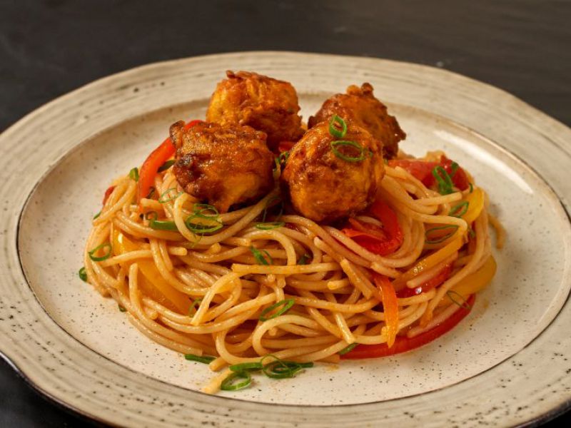 Carrot Balls with Spaghetti & Vegetables